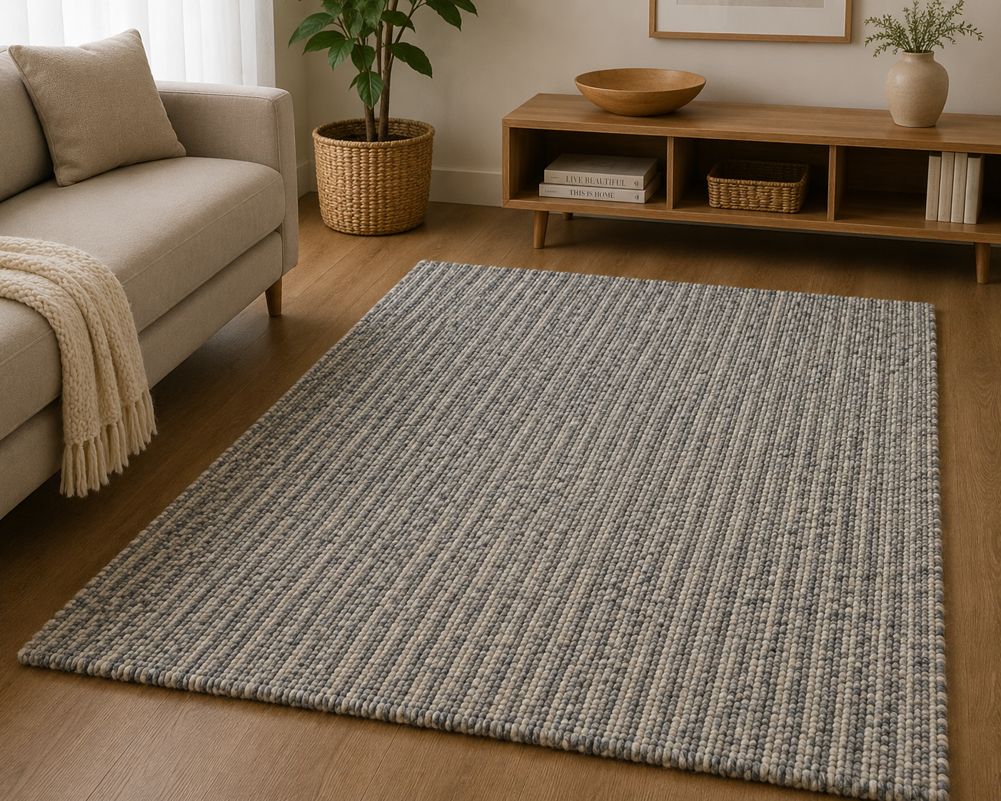 Handloom Rug - Grey Stripe Room View